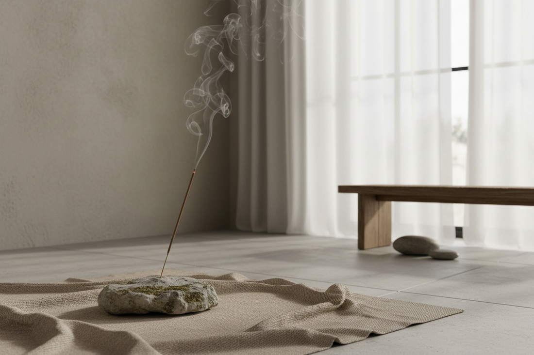 Bâton d'encens naturel brûlant sur pierre avec lumière douce - rituel pour reconnecter avec son intuition