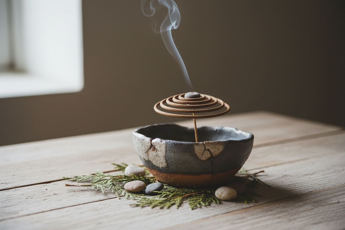 Encens naturel se consumant dans un support en céramique artisanal, esthétique wabi-sabi