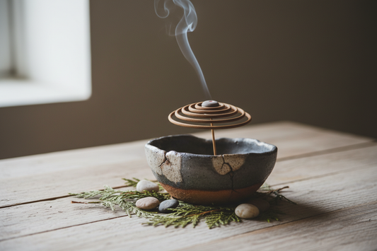 Encens naturel se consumant dans un support en céramique artisanal, esthétique wabi-sabi