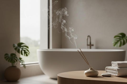 Bâton d'encens naturel qui brûle dans une ambiance spa minimaliste