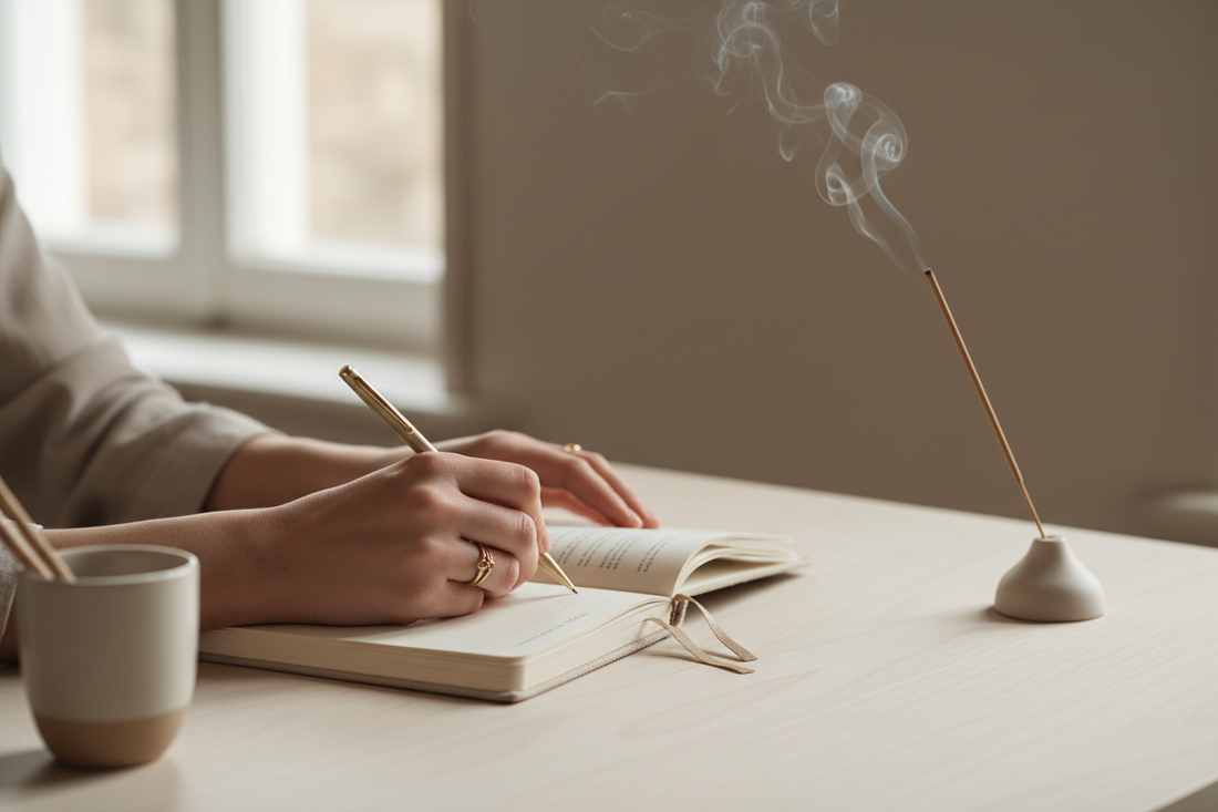 Bureau minimaliste avec ordinateur et encens pour améliorer concentration professionnelle