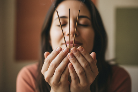 Personne appréciant consciemment le parfum d'un encens naturel, moment de connexion olfactive