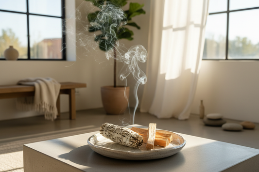 Rituel de purification d'espace avec sauge blanche et palo santo sur support céramique artisanal, fumée purifiante, ambiance spa minimaliste et lumière naturelle douce