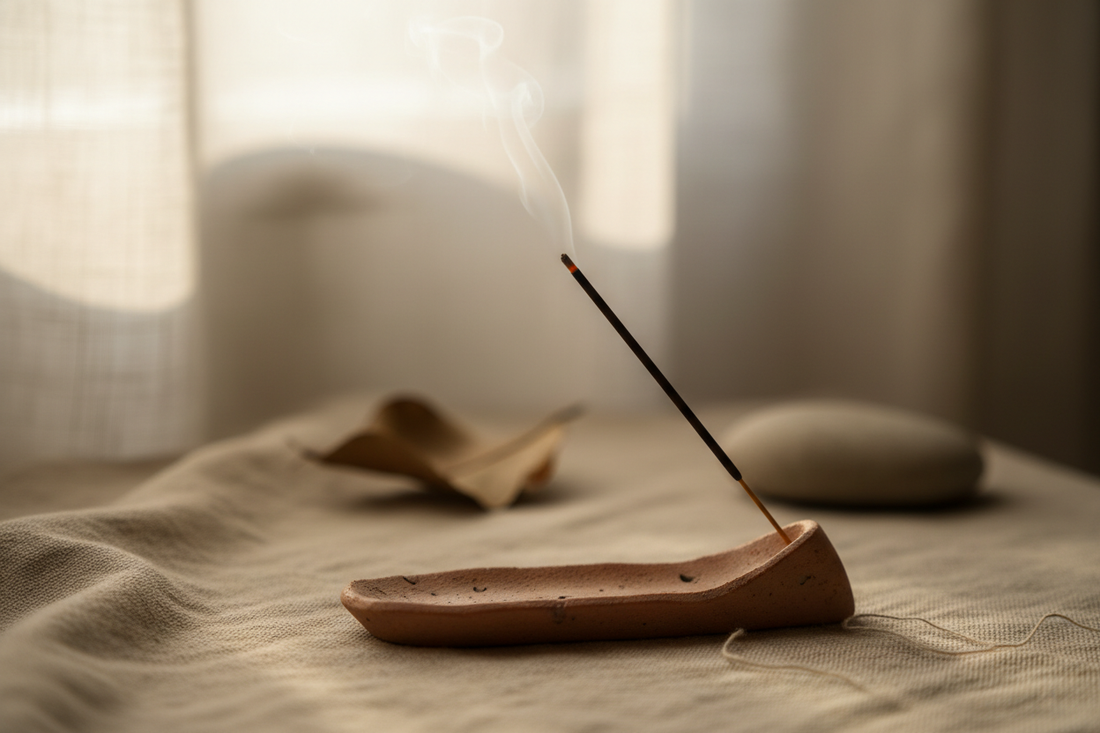 Rituel de fin de journée avec encens naturel dans support céramique artisanal, ambiance wabi-sabi apaisante