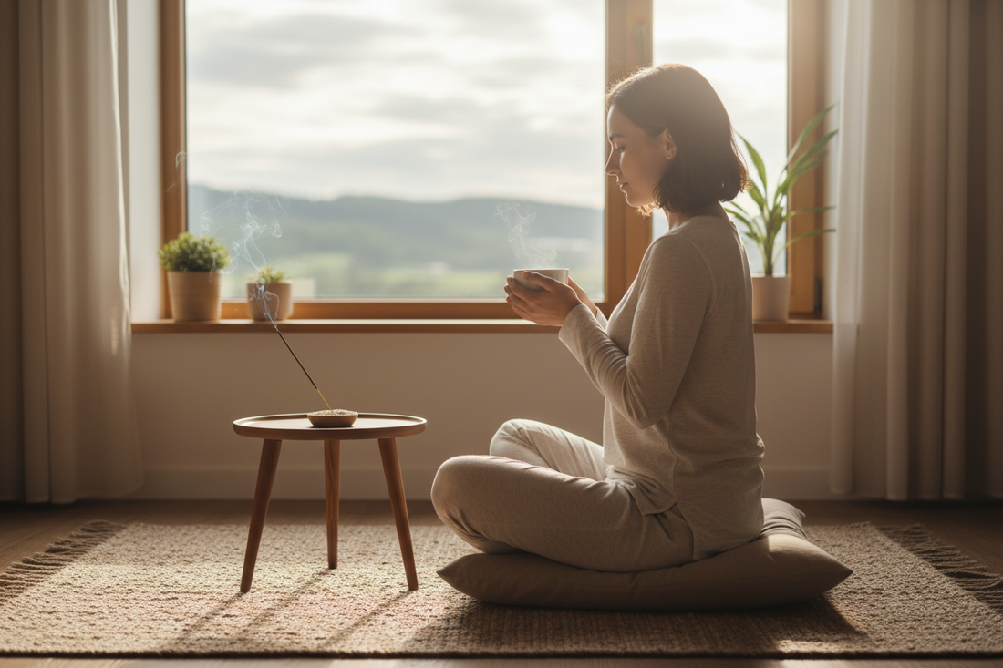  Femme en méditation avec thé et encens près d'une fenêtre lumineuse