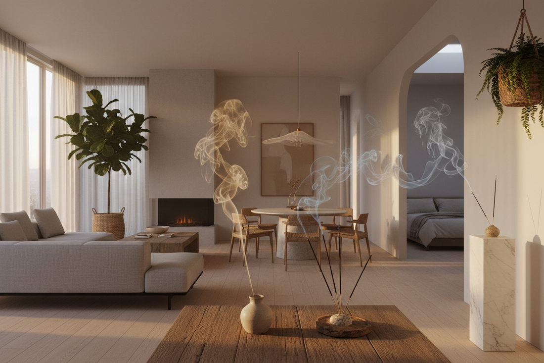 Création de signature olfactive avec encens dans un intérieur serein, fumée délicate et atmosphère spa-luxe, composition personnalisée de parfum d'ambiance naturel